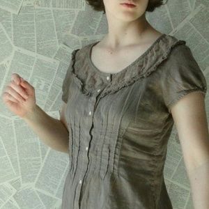 Soft Brown Airy Boho Cotton Blouse Lace Neck